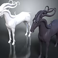 3D Mythical Creatures Sculptures White And Dark With Curved Spiral Horns