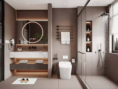 Modern Bathroom Interior With Round Mirror Marble Vanity Glass Shower And Towel Rack 3d model