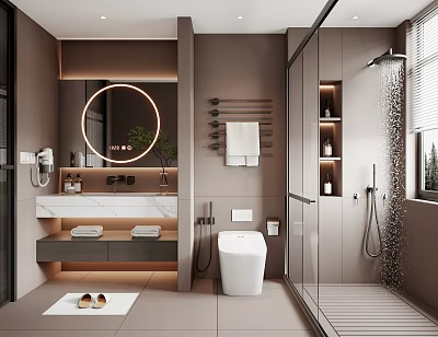 Modern Bathroom Interior With Round Mirror Marble Vanity Glass Shower And Towel Rack 3d model
