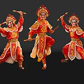 Three Performers In Traditional Red Chinese Opera Costumes With Ornate Headgear And Sticks