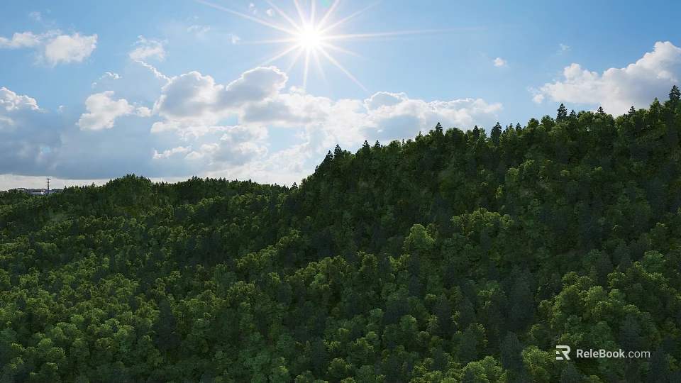 Scenic Mountain Landscape With Sunny Sky Bright Sun White Clouds And Lush Green Forest 3d model 