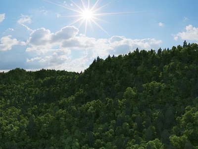 Scenic Mountain Landscape With Sunny Sky Bright Sun White Clouds And Lush Green Forest 3d model