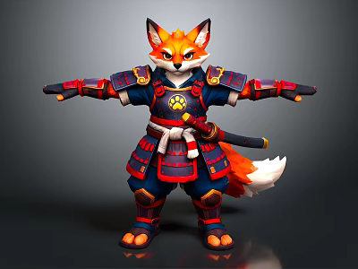 Samurai Fox Character In Traditional Japanese Armor With Outstretched Arms And Sword 3d model