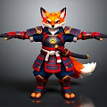 Samurai Fox Character In Traditional Japanese Armor With Outstretched Arms And Sword