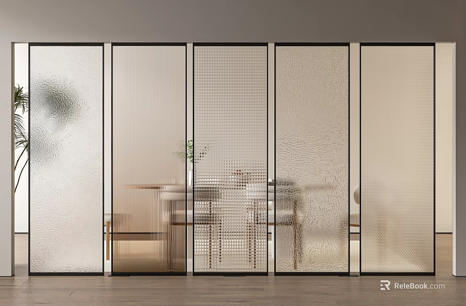 Modern Glass Room Divider With Textured Panels In Indoor Dining Space Tables Chairs And Plants 3d model 