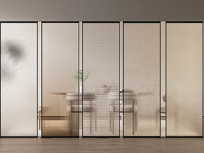 Modern Glass Room Divider With Textured Panels In Indoor Dining Space Tables Chairs And Plants 3d model