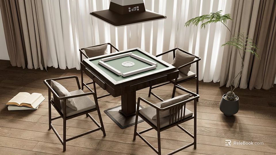 Modern Wooden Mahjong Entertainment Table With Green Surface And Four Chairs 3d model 