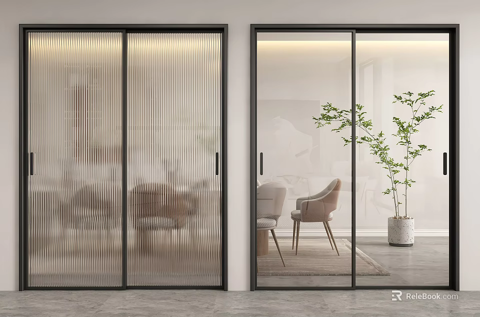 Modern Black Frame Sliding Doors With Ribbed And Clear Glass Interior View 3d model 