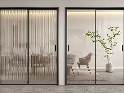 Modern Black Frame Sliding Doors With Ribbed And Clear Glass Interior View 3d model