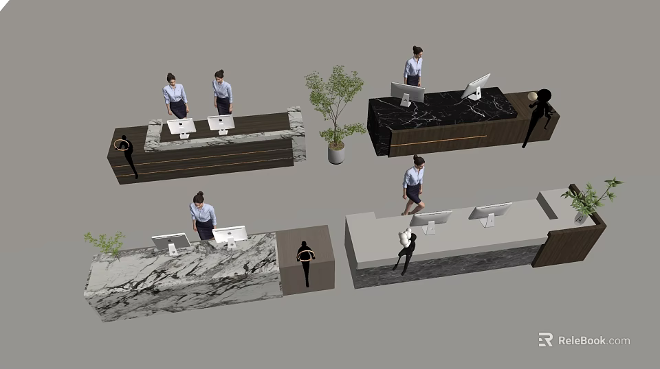 Modern Front Desk Reception Interior Design With Marble Counter Receptionists Computers And Plants 3d model