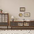 Modern TV Stand Setup With Side Cabinet Framed Pictures Table Lamp And Potted Plant