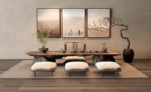 Tatami Tea Table Stone Tea Table Tea Table and Chair Decorative Painting Dried Branches Bonsai 3d model