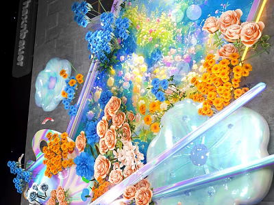 Colorful Floral Art Installation With Pink Roses Yellow Blue Flowers And Cloud Shaped Decor 3d model