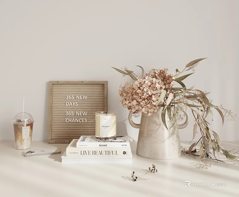 Elegant Decorative Ornament Set With Wooden Letter Board Hydrangea Vase Candle And Books 3d model 