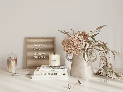 Elegant Decorative Ornament Set With Wooden Letter Board Hydrangea Vase Candle And Books 3d model