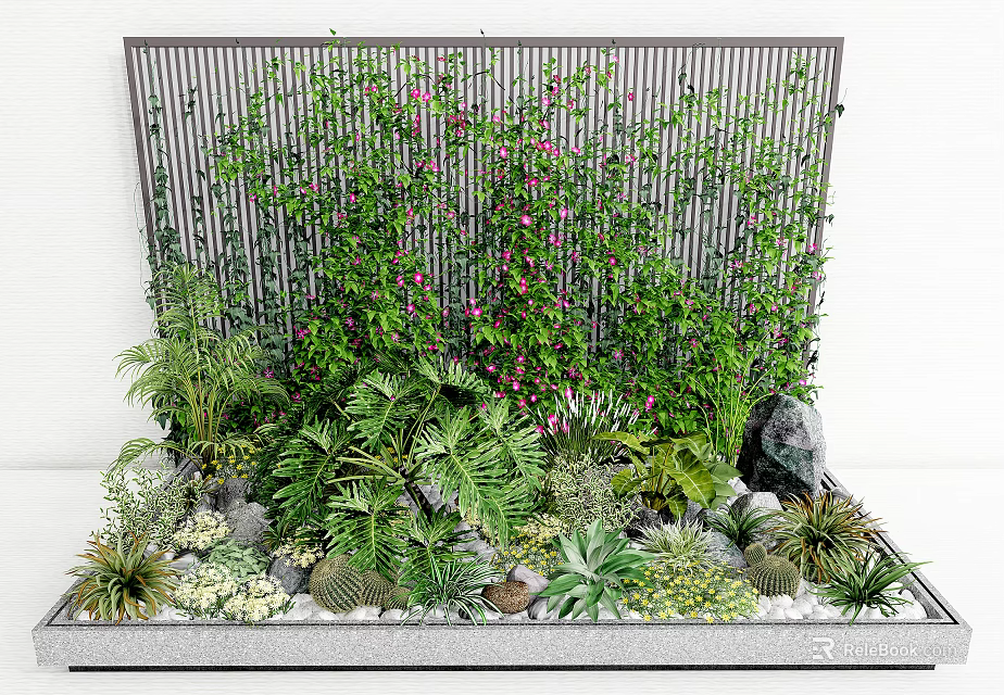 Various Green Plants And Purple Flowers In Garden With Metal Grid Background And Stones 3d model 