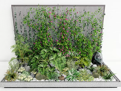 Various Green Plants And Purple Flowers In Garden With Metal Grid Background And Stones 3d model