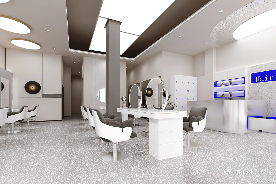 Modern Beauty Salon Interior With White Workstations Gray Chairs Round Mirrors And Ceiling Lights 3d model 