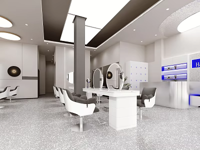 Modern Beauty Salon Interior With White Workstations Gray Chairs Round Mirrors And Ceiling Lights 3d model