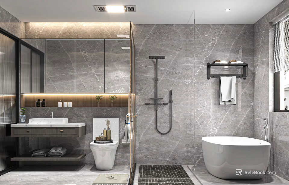 Elegant Modern Bathroom Interior With Grey Marble Walls Large Mirror White Bathtub And Shower System 3d model 