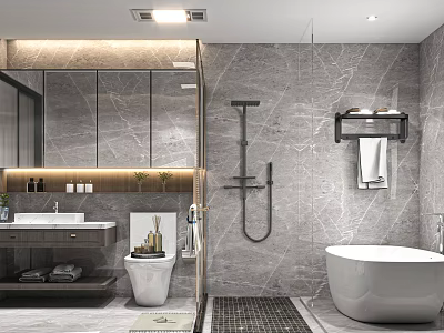 Elegant Modern Bathroom Interior With Grey Marble Walls Large Mirror White Bathtub And Shower System 3d model