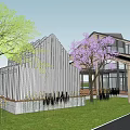 Garden Landscape Featuring White Tents Lawn Seating And Modern Building With Trees