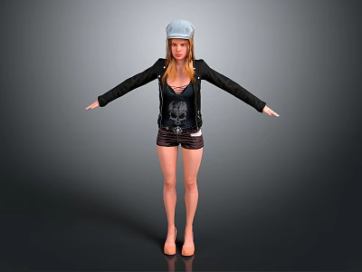 Woman In Black Jacket Dark Shorts Gray Cap With Long Blonde Hair Arms Outstretched 3d model