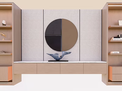Modern Display Shelves With Circular Decorative Mirror And Wooden Storage Cabinets 3d model