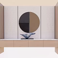 Modern Display Shelves With Circular Decorative Mirror And Wooden Storage Cabinets