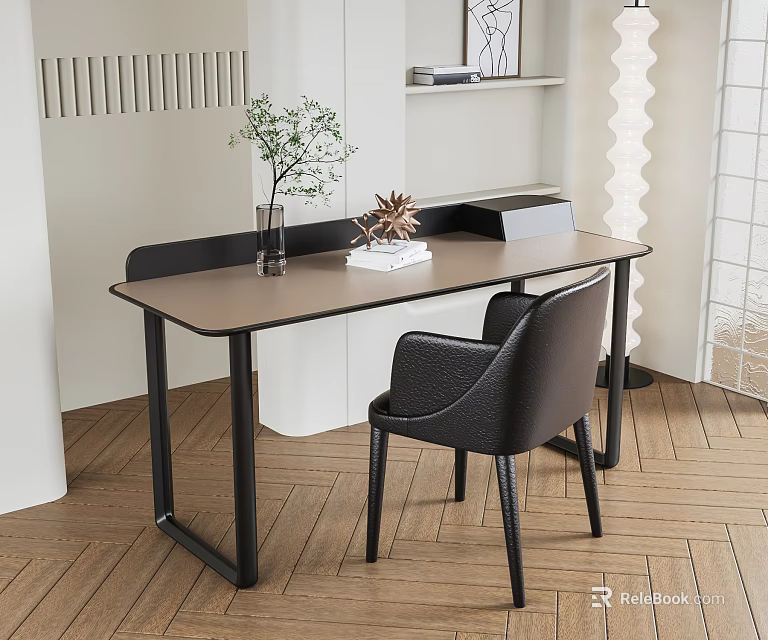 Minimalist Modern Desk Interior With Brown Wooden Top Black Legs Black Chair And Green Plant 3d model 