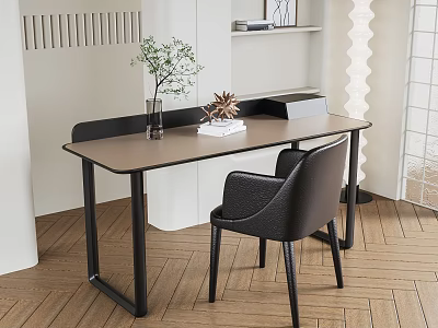 Minimalist Modern Desk Interior With Brown Wooden Top Black Legs Black Chair And Green Plant 3d model