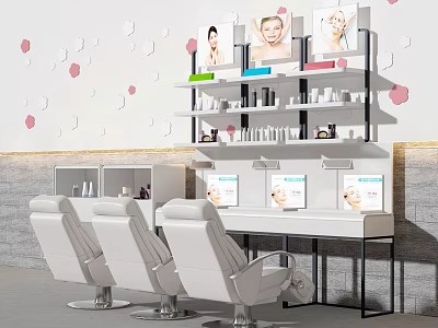 Three White Massage Chairs with White Tables Displays Hexagon Wall Decor and Pink Flowers 3d model