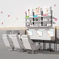 Three White Massage Chairs with White Tables Displays Hexagon Wall Decor and Pink Flowers