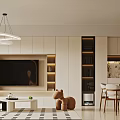 Modern Living and Dining Room Interior With Pendant Lights TV Wall Cabinets And Dining Chairs