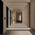 Minimalist Foyer Hallway Design With Arched Doorway Sofa And Artwork