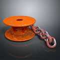 Rusty Orange Metal Reel With Rustic Chain For Daily Household Supplies