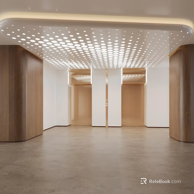 Modern Elevator Lobby With Perforated Ceiling Lighting Wooden Pillars Elevator Doors And Concrete Floor 3d model 