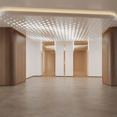 Modern Elevator Lobby With Perforated Ceiling Lighting Wooden Pillars Elevator Doors And Concrete Floor 3d model