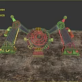 Green Mechanical Structure With Red Circular Target And Metal Track On Rough Surface