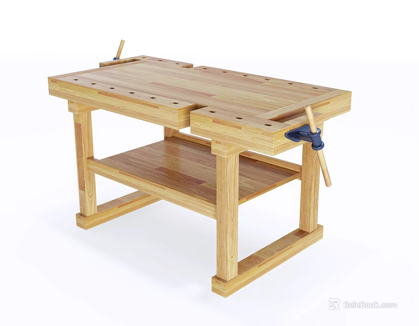 Wooden Workbench with Clamps Holes on Surface and Lower Storage Shelf 3d model 