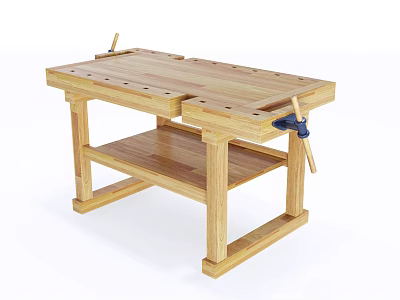 Wooden Workbench with Clamps Holes on Surface and Lower Storage Shelf 3d model