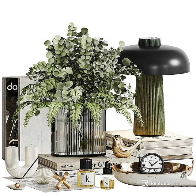 Decorative Ornament Set With Green Plants Striped Glass Vase Lamp Books Bird Figurine And Candles 3d model 