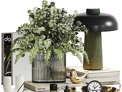 Decorative Ornament Set With Green Plants Striped Glass Vase Lamp Books Bird Figurine And Candles 3d model