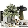 Decorative Ornament Set With Green Plants Striped Glass Vase Lamp Books Bird Figurine And Candles