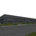 Modern Industrial Factory Building Exterior With Glass Windows Green Landscaping And Pedestrian Area