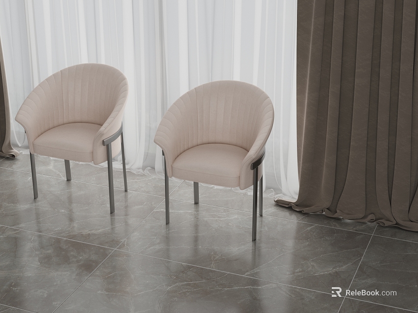 Two Light Beige Office Chairs With Curved Backrest And Metal Legs In Modern Minimalist Room 3d model 