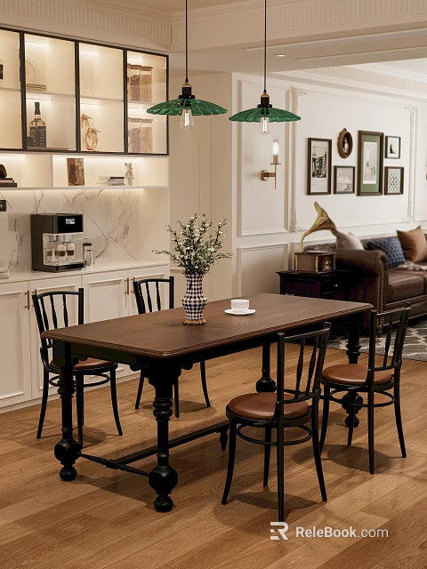 Vintage Solid Wood Dining Table Combination With Black Frame Leather Padded Chairs For Cozy Home 3d model 