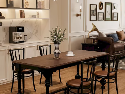 Vintage Solid Wood Dining Table Combination With Black Frame Leather Padded Chairs For Cozy Home 3d model