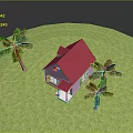 Scenic View Of Pink House With Red Roof On Green Grass And Palm Trees
