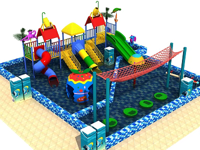 Colorful Children's Playground Equipment With Slides Climbing Net And Elephant Decoration 3d model